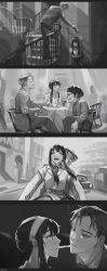 Rule 34 | 1girl, 2boys, absurdres, blush, chair, closed mouth, commentary, closed eyes, formal, franky franklin, greyscale, hairband, hat, highres, holding hands, indoors, jacket, long hair, looking at another, monochrome, multiple boys, open mouth, pants, qksas3, roman holiday, scene reference, shoes, short hair, sitting, smile, spy x family, stairs, standing, suit, table, twilight (spy x family), yor briar