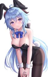Rule 34 | 1girl, absurdres, ahoge, alternate costume, animal ears, bare shoulders, blue hair, blue nails, blush, breasts, brown pantyhose, cleavage, closed mouth, fake animal ears, fake tail, ganyu (genshin impact), genshin impact, goat horns, hair between eyes, highres, horns, large breasts, leotard, long hair, looking at viewer, nail polish, pantyhose, playboy bunny, purple eyes, rabbit ears, rabbit tail, seungju lee, simple background, solo, standing, tail, white background
