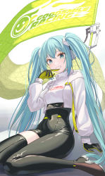 Rule 34 | 1girl, :d, aqua hair, asymmetrical legwear, black gloves, black thighhighs, breasts, clenched teeth, commentary request, covered navel, dot nose, flag, full body, gloves, gradient background, green eyes, hair between eyes, hair ornament, hand up, hatsune miku, highres, light particles, long hair, looking at viewer, open mouth, racing miku, racing miku (2022), shadow, single thighhigh, sitting, smile, solo, teeth, thighhighs, twintails, uneven legwear, very long hair, vocaloid, wariza, white sleeves, yt9676