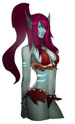Rule 34 | 1girl, arms at sides, bikini, bikini skirt, blue skin, bracelet, breasts, closed mouth, colored skin, contrapposto, distr, highres, jewelry, long pointy ears, medium breasts, navel, pointy ears, ponytail, red bikini, red hair, sidelocks, simple background, sketch, solo, swimsuit, troll (warcraft), tusks, warcraft, white background, white eyes, world of warcraft