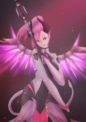 Rule 34 | 1girl, alternate hair color, armor, black gloves, bodysuit, breasts, cowboy shot, dark persona, demon horns, earrings, facial mark, faulds, forehead mark, gloves, glowing, glowing wings, gradient background, head tilt, high ponytail, holding, holding staff, horns, imp mercy, jewelry, light particles, looking at viewer, mechanical wings, medium hair, mercy (overwatch), muti, official alternate costume, overwatch, overwatch 1, patch, pelvic curtain, pink eyes, pink hair, pink lips, pointy ears, purple background, purple wings, small breasts, solo, spread wings, staff, stud earrings, white bodysuit, wings