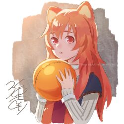 Rule 34 | 1girl, animal ears, ball, black dress, choker, commentary request, dress, hair between eyes, highres, holding, holding ball, long hair, long sleeves, looking at viewer, minami seira, orange hair, parted lips, raccoon ears, raccoon girl, raphtalia, red dress, red eyes, signature, solo, tate no yuusha no nariagari, upper body, white choker, white dress, wrist cuffs