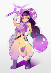 Rule 34 | &gt;:&lt;, 1girl, :&lt;, belt, black footwear, black hair, blush, bonnet, boots, bright pupils, closed mouth, creatures (company), dark-skinned female, dark skin, eyelashes, full body, game freak, gloves, half-closed eyes, hand on own hip, hapu (pokemon), island kahuna, jumpsuit, long hair, looking at viewer, nintendo, npc trainer, patatata, pokemon, pokemon sm, puffy short sleeves, puffy sleeves, purple eyes, shadow, short sleeves, simple background, solo, sparkle, standing, thick eyebrows, twintails, twitter username, v-shaped eyebrows, very long hair, white background, white gloves
