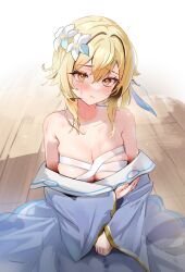 Rule 34 | 1girl, :t, bandages, bare shoulders, blonde hair, blush, chest sarashi, commentary, desire (tbot7), flower, genshin impact, hair flower, hair intakes, hair ornament, highres, looking at viewer, lumine (genshin impact), off shoulder, sarashi, short hair, solo, white flower, wooden floor, yellow eyes
