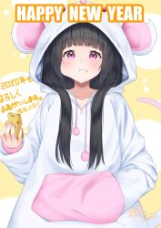 Rule 34 | 1girl, :t, animal ears, animal hood, black hair, blush, cheese, chinese zodiac, closed mouth, collarbone, commentary request, drawstring, eating, fake animal ears, food, food on face, hand in pocket, happy new year, hashiko nowoto, highres, holding, holding food, hood, hood up, hoodie, long hair, long sleeves, looking at viewer, mouse ears, mouse girl, mouse hood, mouse tail, nail polish, nengajou, new year, original, pink nails, pom pom (clothes), puffy long sleeves, puffy sleeves, purple eyes, sleeves past wrists, solo, tail, tail raised, upper body, white hoodie, year of the rat
