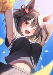 Rule 34 | 1girl, a o 1016, ahoge, alternate costume, animal ears, armpits, arms up, black hair, blurry, blush, breasts, cheerleader, commentary request, confetti, depth of field, hair between eyes, hair ornament, highres, holding, holding pom poms, horse ears, horse girl, kitasan black (umamusume), large breasts, lens flare, looking at viewer, midriff, navel, one eye closed, open mouth, pom pom (cheerleading), pom poms, red eyes, sky, umamusume