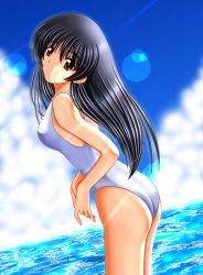 Rule 34 | 1girl, ass, black hair, breasts, character request, copyright request, long hair, medium breasts, ocean, one-piece swimsuit, red eyes, swimsuit, tagme, white one-piece swimsuit