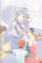 Rule 34 | 00s, 1girl, 2boys, :d, arms up, baseball cap, black hair, blue hair, blue skirt, brown hair, dress, from side, green eyes, hat, height difference, highres, hoshino yumemi, long hair, long sleeves, looking at viewer, multiple boys, open mouth, outstretched arms, planetarian, profile, raglan sleeves, red dress, shirt, skirt, smile, solo, t-shirt, very long hair, white shirt