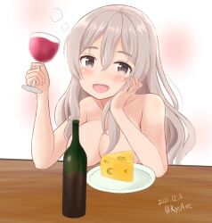 Rule 34 | 1girl, alcohol, ame-san, bare shoulders, bottle, breasts, brown eyes, cheese, collarbone, convenient censoring, cup, dated, drinking glass, food, grey hair, highres, kantai collection, large breasts, long hair, plate, pola (kancolle), solo, swiss cheese, topless, twitter username, wavy hair, wine, wine bottle, wine glass