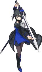 Rule 34 | 1girl, aqua eyes, arm up, armor, artist request, black dress, black footwear, black hair, black pantyhose, blush, boots, breasts, collarbone, collared dress, dress, earrings, female focus, full body, hand up, highres, holding, holding sword, holding weapon, jewelry, knee boots, light blush, long sleeves, looking at viewer, non-web source, official art, pantyhose, parted lips, sheath, short dress, short hair, shoulder armor, sidelocks, simple background, small breasts, solo, standing, sword, teeth, transparent background, trista (world flipper), v-shaped eyebrows, weapon, world flipper