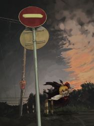 Rule 34 | 1girl, blonde hair, bug, darkness, dusk, english text, fly, hair ornament, highres, insect, long sleeves, no legs, onionmay, outdoors, pine tree, railroad crossing, railroad tracks, rumia, sharp teeth, sign, teeth, touhou, tree, utility pole
