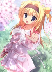 Rule 34 | 1girl, 2000s (style), arm at side, black background, black hairband, blonde hair, blue eyes, blurry, bow, cherry blossoms, chitose sana, commentary, cowboy shot, dappled sunlight, day, depth of field, double bun, grass, hair bun, hairband, highres, index finger raised, indoors, light blush, long hair, long sleeves, looking at viewer, miniskirt, open mouth, outdoors, pink serafuku, pink shirt, pink skirt, pleated skirt, pointing, pointing at viewer, red sailor collar, sailor collar, school uniform, serafuku, shirt, skirt, smile, solo, straight hair, sukonbu385, sunlight, tenshinranman, two side up, white bow