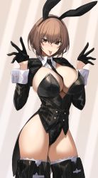 Rule 34 | 1girl, between breasts, black gloves, black necktie, breasts, brown eyes, brown hair, cleavage, coattails, commission, cowboy shot, cropped jacket, detached collar, ganesagi, gloves, half gloves, hands up, highres, large breasts, looking at viewer, necktie, necktie between breasts, original, short hair, skeb commission, thighhighs, tongue, tongue out