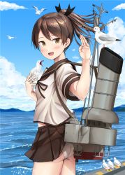 Rule 34 | 10s, 1girl, assisted exposure, blurry, blush, breasts, brown eyes, brown hair, clothes lift, day, depth of field, from side, hair ribbon, ichikawa feesu, kantai collection, looking at viewer, machinery, miniskirt, ocean, outdoors, panties, pantyshot, pleated skirt, ponytail, ribbon, school uniform, serafuku, shikinami (kancolle), short hair, short ponytail, skirt, skirt lift, small breasts, solo, thighs, underwear, upskirt, water, waves, white panties