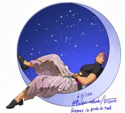Rule 34 | 1boy, black shirt, crescent moon, duryodhana (fate), earrings, facial hair, fate/grand order, fate (series), flower, full body, fusso oekaki, goatee, goatee stubble, highres, indian clothes, jewelry, lying, male focus, mature male, moon, muscular, muscular male, necklace, night, night sky, on back, on crescent, puffy pants, purple flower, purple hair, red flower, shirt, short hair, signature, single earring, sky, sleeping, solo, star (sky), starry sky, stubble