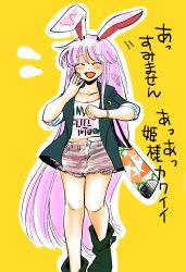 Rule 34 | 1girl, :d, ^ ^, animal ears, bag, blush, rabbit ears, closed eyes, clothes writing, coat, crescent, crescent pin, english text, closed eyes, green footwear, handbag, highres, jewelry, komaku juushoku, light purple hair, long hair, necklace, open mouth, outline, reisen udongein inaba, shoes, shorts, smile, solo, touhou, translation request, very long hair, watch, white outline, wristwatch, yellow background