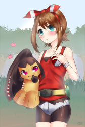 Rule 34 | 1boy, bad id, bad pixiv id, bike shorts, blue eyes, blush, brown hair, creatures (company), doyouwantto, fanny pack, game freak, gen 3 pokemon, gender request, genderswap, hair ribbon, heart, holding, holding poke ball, looking at viewer, mawile, may (pokemon), may (pokemon oras), nature, nintendo, poke ball, pokemon, pokemon (creature), pokemon oras, ribbon, shirt, short shorts, shorts, sleeveless, sleeveless shirt, tank top, trap, two side up