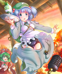 Rule 34 | 2girls, blue eyes, blue hair, blush, chestnut mouth, clothes pull, em s, artistic error, explosive, female focus, front ponytail, glass, green hair, grenade, hair bobbles, hair ornament, hat, kagiyama hina, kawashiro nitori, multiple girls, open mouth, school swimsuit, short hair, skindentation, skirt, skirt pull, swimsuit, swimsuit under clothes, touhou, tray, tripping, twintails, two side up, wardrobe malfunction