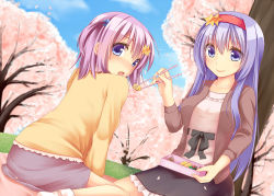 Rule 34 | 2girls, aoi (kue), blue eyes, blush, cherry blossoms, chopsticks, feeding, hair bobbles, hair ornament, hairband, hanami, hisae (hisae collect), looking at viewer, minori (kue), multiple girls, bento, open mouth, original, pink hair, purple hair, short twintails, sitting, smile, twintails, wariza