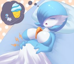 Rule 34 | 1girl, alternate color, bed, belly, between breasts, blue hair, breasts, cleavage, closed eyes, creatures (company), dreaming, fleeing, food, food focus, game freak, gardevoir, gen 3 pokemon, hair over one eye, hands on stomach, ice cream, jcdr, large breasts, lucy (jcdr), navel, nightmare, nintendo, no humans, open mouth, pillow, pokemon, pokemon (creature), polka dot, polka dot background, running, shadow, shiny pokemon, short hair, sleeping, solo, stomach bulge, tears, teeth, tongue