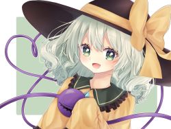 Rule 34 | 1girl, :d, black hat, border, bow, green background, green eyes, hat, hat bow, heart, heart of string, highres, koishi day, komeiji koishi, long sleeves, looking at viewer, medium hair, mimi89819132, open mouth, shirt, simple background, sleeves past wrists, smile, solo, third eye, touhou, upper body, white border, yellow bow, yellow shirt