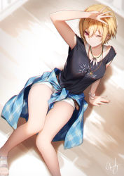 Rule 34 | 1girl, black shirt, blonde hair, breasts, chromatic aberration, closed mouth, clothes around waist, ear piercing, genyaky, highres, idolmaster, idolmaster shiny colors, jewelry, legs, looking at viewer, medium breasts, necklace, one eye closed, piercing, purple eyes, saijo juri, shirt, short hair, short shorts, short sleeves, shorts, sitting, smile, solo, thighs, white shorts