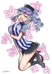 Rule 34 | 1girl, beret, black legwear, black skirt, breasts, closed eyes, embarrassed, employee uniform, full body, hat, kantai collection, kashima (kancolle), large breasts, lawson, mogamiya honu, pleated skirt, shirt, sidelocks, silver hair, skirt, solo, striped clothes, striped shirt, twintails, uniform, vertical-striped clothes, vertical-striped shirt, wavy hair