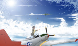 Rule 34 | 1girl, aircraft, airplane, animal ears, b-17, bird, cloud, contrail, dark-skinned female, dark skin, day, escort fighter, flying, highres, hu sea, military, original, p-38 lightning, p-51 mustang, parachute, sky, solo, strike witches, tail, vehicle focus, world war ii, world witches series