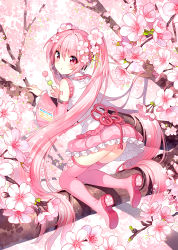 Rule 34 | 1girl, :o, ass, bare shoulders, blush, boots, branch, cherry blossoms, dango, day, detached sleeves, flower, food, frilled shirt, frilled skirt, frilled sleeves, frills, from behind, full body, hair flower, hair ornament, hatsune miku, headphones, highres, holding, holding food, in tree, kneeling, long hair, long sleeves, looking at viewer, looking back, miniskirt, nardack, no panties, number tattoo, outdoors, parted lips, petticoat, pink eyes, pink flower, pink footwear, pink hair, pink skirt, pink theme, sakura miku, see-through, shadow, shirt, shoe soles, shoulder tattoo, skirt, solo, symbol-shaped pupils, tareme, tattoo, thigh boots, thighhighs, tree, twintails, very long hair, vocaloid, wagashi, white shirt, wide sleeves