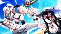 Rule 34 | 10s, 3girls, :d, ;), abyssal ship, ahoge, air defense princess, aircraft, aircraft carrier oni, airplane, alternate costume, armpits, arms up, barefoot, battleship princess, battleship summer princess, beach, beach chair, bikini, black bikini, black hair, blue sky, blush, breasts, cleavage, cloud, cloudy sky, colored skin, day, escort fortress (kancolle), fuuki (nicoseiga), fuuki (te fuukin), hachimaki, hat, headband, headgear, highres, horizon, horns, kantai collection, large breasts, long hair, lying, medium breasts, mittens, multiple girls, navel, northern ocean princess, ocean, on stomach, one eye closed, one side up, open mouth, outdoors, red eyes, sky, small breasts, smile, sun hat, swimsuit, white bikini, white hair, white skin