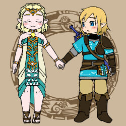 Rule 34 | 1boy, 1girl, :3, armor, blonde hair, blue eyes, blush, boots, closed eyes, dress, holding hands, leather armor, link, looking at another, magatama, nintendo, open mouth, pants, princess zelda, sandals, shima takehito, sword, tabard, the legend of zelda, the legend of zelda: tears of the kingdom, weapon, weapon on back