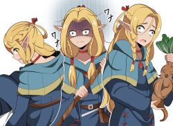Rule 34 | 1girl, absurdres, belt, belt pouch, blonde hair, blue capelet, blue robe, braid, capelet, choker, dungeon meshi, dvljoe, elf, frown, hair tubes, highres, holding, holding staff, long sleeves, mandrake, marcille donato, multiple views, pointy ears, pouch, red choker, robe, sidelocks, sitting, staff, standing, sweatdrop, twin braids