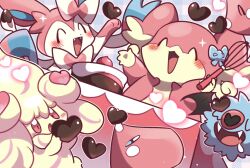 Rule 34 | 6+others, alcremie, animal ears, arm up, audino, bat wings, blue background, blue eyes, blue ribbon, blush, bowl, candy, chocolate, chocolate heart, closed eyes, colored skin, cream, creatures (company), drooling, dutch angle, fang, fangs, food, game freak, gen 3 pokemon, gen 5 pokemon, gen 6 pokemon, gen 8 pokemon, hair ribbon, heart, highres, holding, holding food, loveycloud, luvdisc, multiple others, nintendo, no humans, open mouth, outline, pink skin, pokemon, pokemon (creature), red eyes, ribbon, saliva, simple background, sparkle, spoon, striped, striped background, swoobat, sylveon, valentine, whisk, white outline, wings