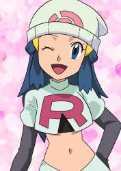 1girl ;d absurdres beanie black_gloves blue_eyes blue_hair creatures_(company) dawn_(pokemon) elbow_gloves game_freak gloves hainchu hat heart heart_background highres long_hair looking_at_viewer midriff navel nintendo one_eye_closed open_mouth pokemon pokemon_(anime) pokemon_dppt_(anime) smile solo team_rocket team_rocket_uniform white_hat