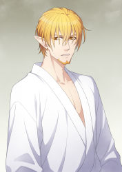 Rule 34 | 1boy, blonde hair, earrings, facial hair, gradient background, grey background, highres, jewelry, male focus, pixiv fantasia, pixiv fantasia age of starlight, pointy ears, robe, shima108, simple background, solo, trade king farid, upper body, yellow eyes