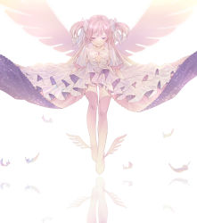 Rule 34 | 1girl, arms at sides, breasts, choker, cleavage cutout, closed eyes, clothes lift, clothing cutout, collarbone, commentary, dot nose, dress, eyelashes, facing viewer, feathers, full body, hair between eyes, hair ribbon, happy, highres, jitome, kaname madoka, layered dress, layered sleeves, legs together, light smile, long dress, long hair, mahou shoujo madoka magica, mahou shoujo madoka magica (anime), pink hair, pink theme, pink thighhighs, pink wings, reflection, reflective floor, ribbon, riri (ririwaldorf), sidelocks, simple background, small breasts, solo, sparkle, straight hair, symbol-only commentary, thighhighs, two side up, ultimate madoka, white background, white choker, white dress, white neckwear, white ribbon, wide sleeves, winged footwear, wings, zettai ryouiki