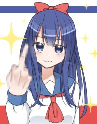 Rule 34 | 10s, 1girl, blouse, blue eyes, blue hair, blue sailor collar, bow, censored, censored gesture, closed mouth, commentary request, fake censor, hair bow, head tilt, highres, long hair, long sleeves, looking at viewer, middle finger, mihiro momonoki, mosaic censoring, neckerchief, pipimi, poptepipic, red bow, red neckerchief, sailor collar, school uniform, serafuku, shirt, solo, star (symbol), white shirt