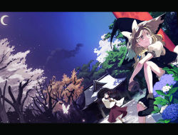Rule 34 | 2girls, album cover, bow, cosmic (crownclowncosmic), cover, crescent moon, detached sleeves, dutch angle, female focus, flower, hair bow, hakurei reimu, hat, hydrangea, japanese clothes, kirisame marisa, letterboxed, miko, moon, multiple girls, night, night sky, sitting, sky, touhou, witch hat