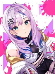 Rule 34 | 1girl, bare shoulders, black shorts, blue eyes, blue hair, braid, breasts, closed mouth, cloud etoile, crop top, fishnet pantyhose, fishnets, from above, hair ornament, hairclip, hololive, hololive indonesia, jacket, light purple hair, long hair, looking at viewer, medium breasts, multicolored hair, off shoulder, open clothes, open jacket, pantyhose, pavolia reine, pavolia reine (streetwear), shorts, sitting, solo, thigh strap, two-tone hair, virtual youtuber, white jacket