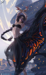 Rule 34 | 1girl, armpits, arms up, artist name, bangle, black hair, black skirt, bracelet, braid, breasts, bug, butterfly, commentary, dancer, dancing, english commentary, green eyes, harem outfit, head tilt, highres, bug, jewelry, long hair, looking away, looking to the side, making-of available, navel, necklace, original, parted lips, skirt, small breasts, solo, standing, strapless, tiptoes, very long hair, watermark, web address, wlop