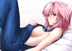 Rule 34 | 1girl, bare arms, bed sheet, blush, breasts, finger gun, gradient background, hand on own chest, highres, knees up, large breasts, looking at viewer, lying, naked overalls, nori tamago, on back, overalls, pink background, pink hair, red eyes, saigyouji yuyuko, sideboob, solo, suspenders, sweat, tareme, touhou, white background