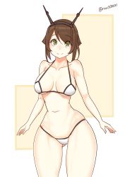 Rule 34 | 1girl, absurdres, bad anatomy, bikini, blush, border, breasts, brown hair, closed mouth, collarbone, embarrassed, gluteal fold, green eyes, headgear, highres, kantai collection, large breasts, looking at viewer, micro bikini, mutsu (kancolle), navel, outside border, short hair, solo, swimsuit, thick thighs, thighs, twitter username, underbust, uru (uru0000), white bikini, white border, wide hips, yellow background