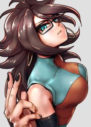Rule 34 | 1girl, android 21, black-framed eyewear, black nails, blue eyes, breasts, brown hair, checkered clothes, checkered dress, collarbone, commentary request, curly hair, dragon ball, dragon ball fighterz, dress, earrings, flat color, from above, glasses, grey background, hand up, hoop earrings, jewelry, kemachiku, long hair, looking at viewer, medium breasts, nail polish, parted lips, sleeveless, sleeveless dress, solo, two-tone dress, upper body, very long hair