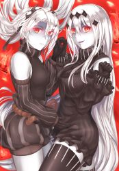 Rule 34 | 2girls, abyssal crane princess, abyssal ship, aircraft carrier water oni, armor, armored boots, black dress, black legwear, boots, colored skin, detached sleeves, dress, holding hands, highres, horns, japanese clothes, kantai collection, long hair, multiple girls, red background, red eyes, ribbed dress, sabakuomoto, sailor dress, short dress, thighhighs, very long hair, white hair, white skin