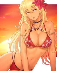 Rule 34 | 1girl, absurdres, alternate costume, armlet, bikini, blonde hair, breasts, choker, cleavage, commentary, dark-skinned female, dark skin, earrings, english commentary, feathers, female focus, fire emblem, fire emblem: the binding blade, floral print, flower, gold necklace, hair flower, hair ornament, highres, hoop earrings, igrene (fire emblem), jewelry, large breasts, long hair, looking at viewer, matching hair/eyes, mole, mole under eye, multi-strapped bikini, navel, necklace, nintendo, print bikini, red bikini, skindentation, smile, solo, sunset, swimsuit, truejekart, underboob, yellow eyes