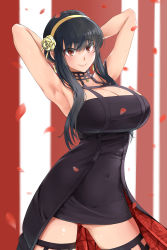 Rule 34 | 1girl, absurdres, armpits, arms behind head, arms up, black choker, black dress, black hair, breasts, choker, cleavage, closed mouth, commentary request, contrapposto, covered navel, dress, earrings, falling petals, floral print, flower, gold earrings, gold hairband, hair flower, hair ornament, hairband, highres, jewelry, kntrs (knyrs), large breasts, long hair, looking at viewer, pendant choker, petals, red eyes, rose, rose petals, rose print, short hair with long locks, sidelocks, smile, solo, spikes, spy x family, thighhighs, thighs, two-sided dress, two-sided fabric, yor briar, zettai ryouiki