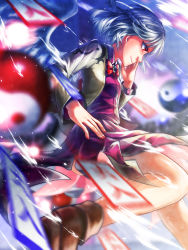 Rule 34 | 1girl, action, ao tamari, boots, bow, bowtie, brown footwear, commentary request, dress, hand on own face, jacket, jewelry, kishin sagume, long sleeves, motion blur, nail polish, ofuda, profile, purple dress, red eyes, short hair, silver hair, single wing, smile, solo, touhou, wings, yin yang