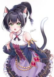 Rule 34 | 1girl, :o, absurdres, animal ear fluff, animal ears, artist name, bad id, bad pixiv id, bare shoulders, black hair, blush, breasts, cat ears, cat girl, collarbone, commentary request, cowboy shot, detached sleeves, dress, fang, frilled dress, frilled sleeves, frills, green eyes, hand on own chest, highres, karyl (princess connect!), long sleeves, looking at viewer, maett, medium breasts, multicolored clothes, multicolored dress, multicolored hair, open mouth, ponytail, princess connect!, short hair, simple background, skin fang, solo, streaked hair, v-shaped eyebrows, white background, white hair