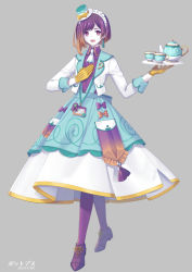 Rule 34 | 1other, @ @, androgynous, apron, ascot, back bow, blue apron, blue bow, bow, buttons, character name, collared shirt, colored skin, creatures (company), cup, earrings, full body, game freak, gen 8 pokemon, gloves, gradient hair, grey background, hand on own chest, hands up, happy, hat, hat bow, highres, holding, holding tray, id card, jacket, japanese text, jewelry, long sleeves, looking at viewer, maid headdress, merlusa, mini hat, mini top hat, multicolored eyes, multicolored hair, nintendo, open clothes, open jacket, open mouth, orange bow, orange hair, other focus, pantyhose, personification, pocket, pokemon, polteageist, purple bow, purple eyes, purple footwear, purple hair, purple pantyhose, purple shirt, shirt, shoes, short hair, sidelocks, simple background, skirt, smile, solo, standing, tassel, tassel earrings, teacup, teapot, tilted headwear, top hat, translated, tray, two-tone hair, waiter, white ascot, white hat, white jacket, white skin, white skirt, yellow bow, yellow eyes, yellow gloves