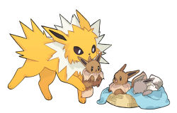 Rule 34 | :&lt;, :d, alternate color, angry, black eyes, blanket, bright pupils, brown eyes, carrying, closed eyes, closed mouth, commentary, creatures (company), eevee, english commentary, frown, game freak, gen 1 pokemon, jolteon, looking at another, mjoyart, mouth hold, nintendo, no humans, open mouth, pet bed, pokemon, pokemon (creature), shiny and normal, shiny pokemon, simple background, sleeping, smile, v-shaped eyebrows, walking, white background, white pupils